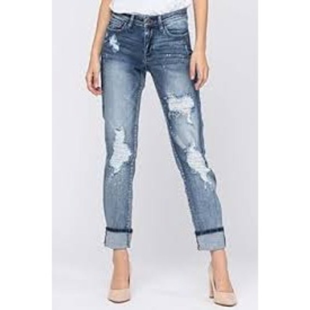 Judy Blue Women’s Destroyed Bleach Splatter Boyfriend Fit Jeans Size 13/31